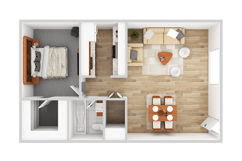 Floor plan for 1 bed, 1 bath, 750 sqft